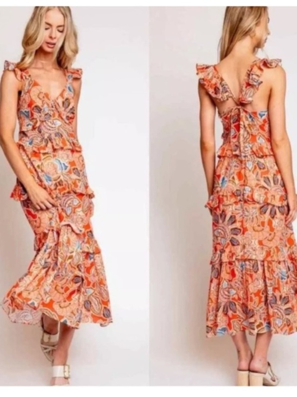 Misa Los Angeles Morrison Orange Floral Paisley Tiered Ruffle Maxi Dress